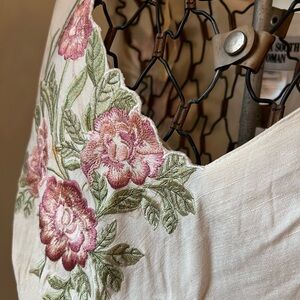 Embroidered Floral White Linen Dress with Pink Accents